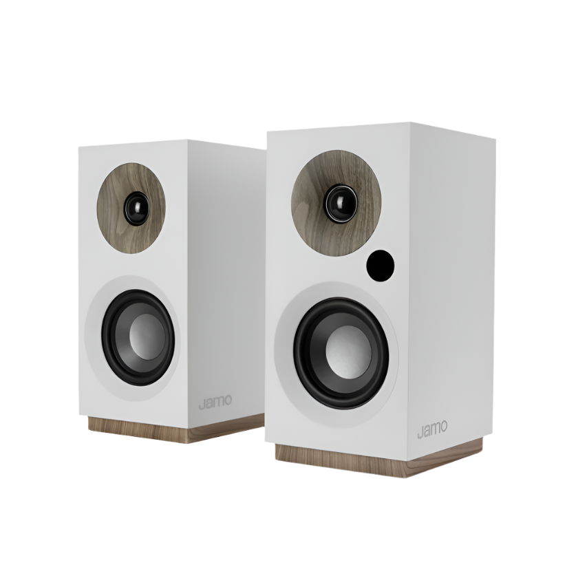 Jamo S801 PM Active Bookshelf Speaker in white in angle view  