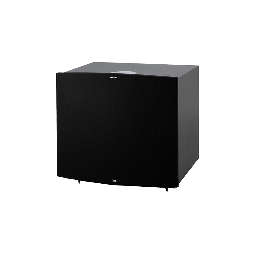 Jamo D600 SUB in stone grey in angle view with grille