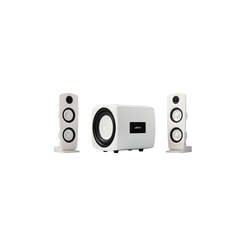Jamo DS7 2.1 Active Speaker System in white in angle view