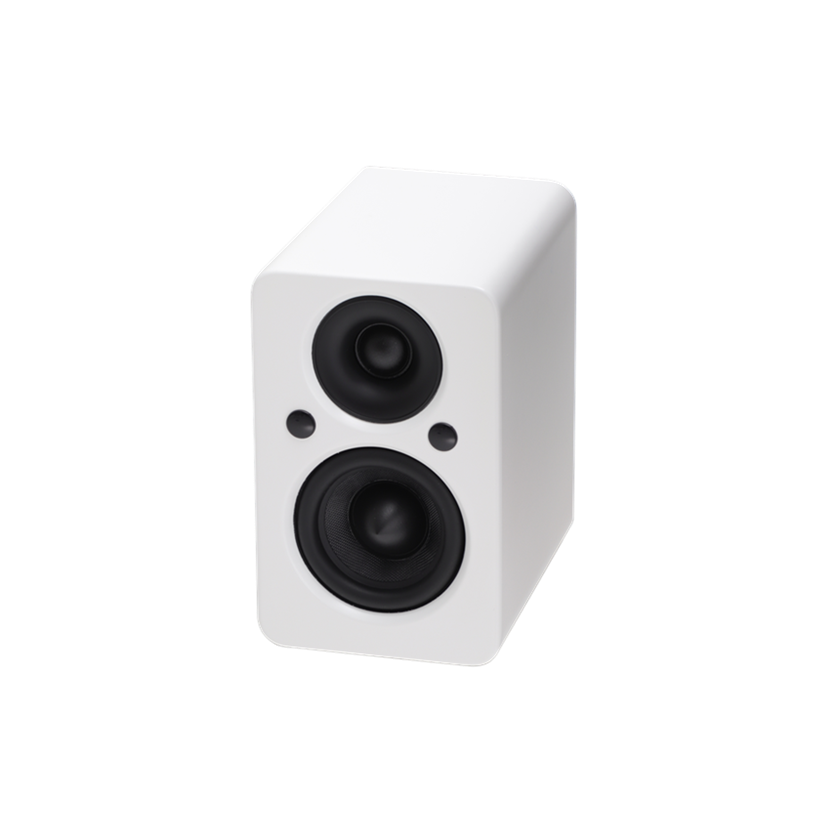 Jamo mini MKII Active Bookshelf Speaker in matte white in angle view